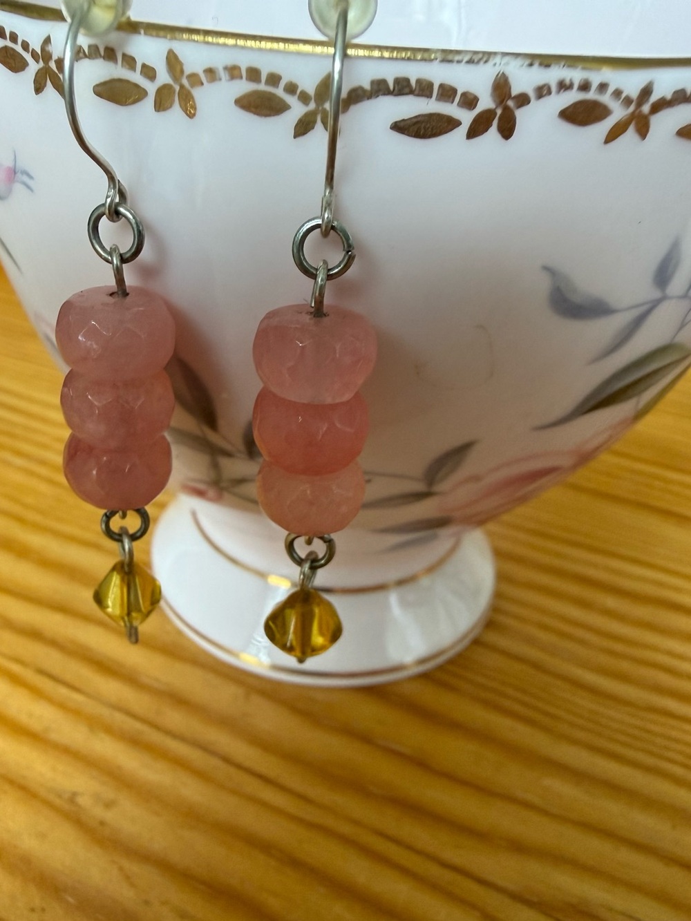 Delicate Rose Quartz Stacked Bead Dangle Earrings with yellow crystal.
